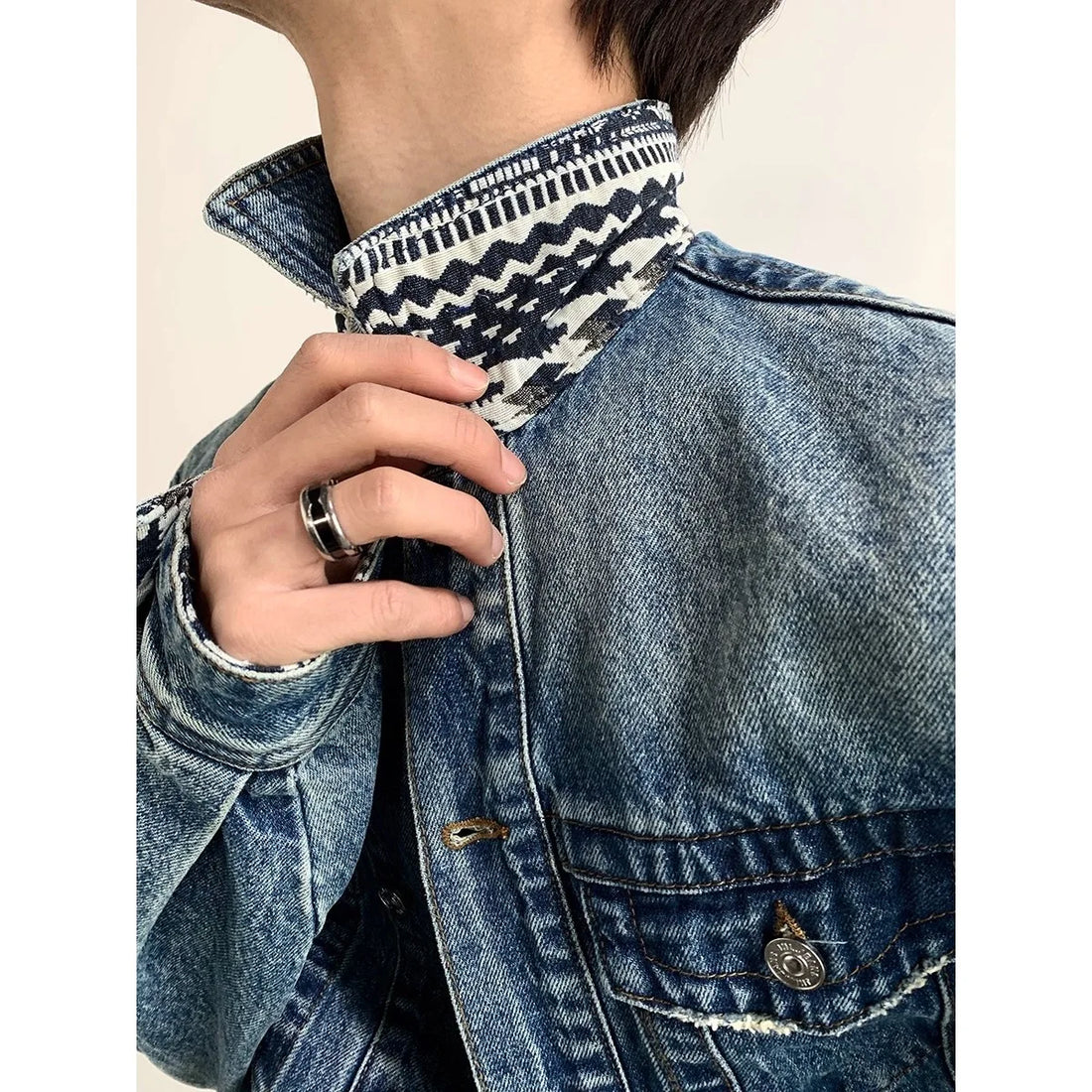 Egyptian Relic Print Patchwork Men's Denim Jacket, Washed Cropped Mans Jeans Coat, Oversize Casual Woman Jakets