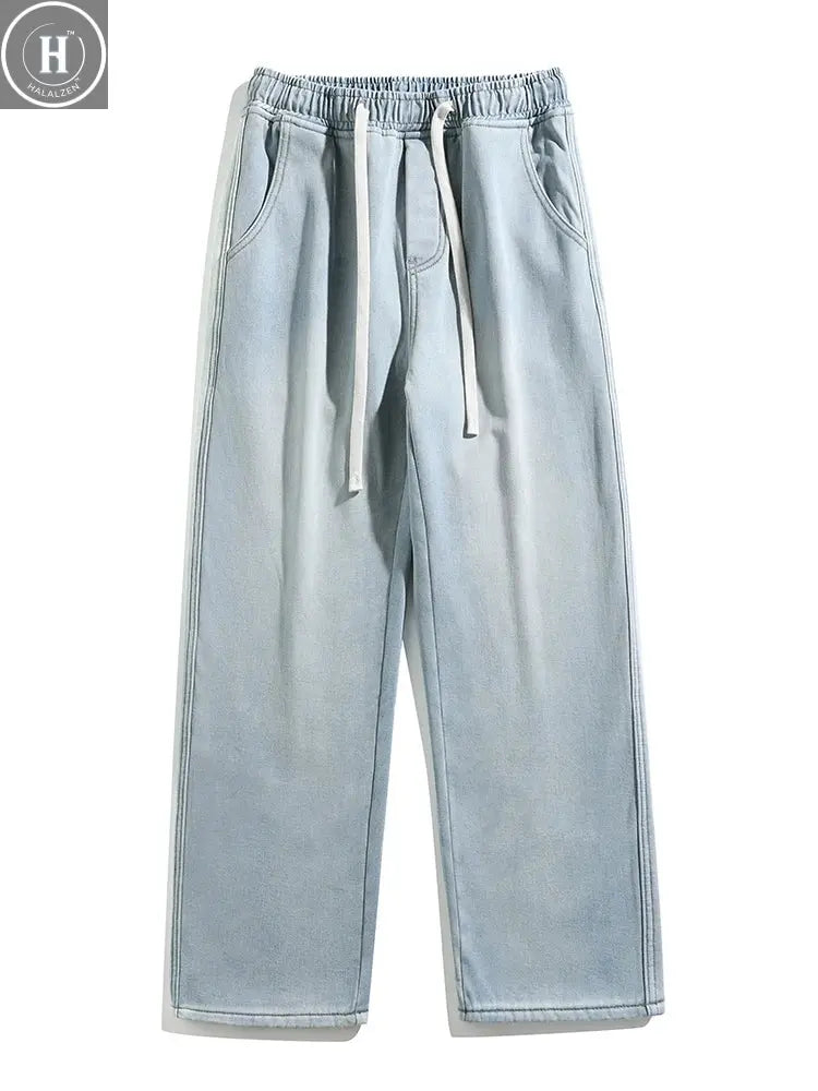 Winter Men's Jeans Korean Fashion Fleece Liner Thick Warm Straight Denim Pants Washed Cotton Retro Blue Wide Leg Jean Trousers HALALZEN