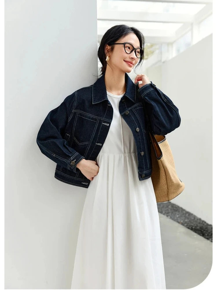 VIMLY Women's Vintage Denim Jacket 2025 Autumn Dark Indigo Jeans Jacket Woman Long Sleeve Loose Outerwears Ladies Clothes 73796