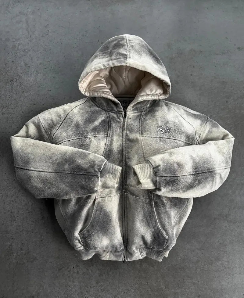 Retro High Street Washed Zipper Hoodie Goth Hip Hop Streetwear Women American Y2k Harajuku Fashion Oversized Sweatshirt Men