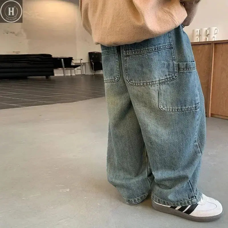 Children's Retro Jeans Loose Straight Pants Wide Leg Pants for Boys and Girls 2025 New Spring Autumn Kid's Denim Pocket Trousers HALALZEN
