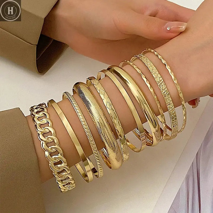 10 Pcs Punk Trendy Multilayer Bracelets Set for Women Elegant Delicate Twist Sparkling Adjustable Bangles Jewelry Couples Gifts HALALZEN