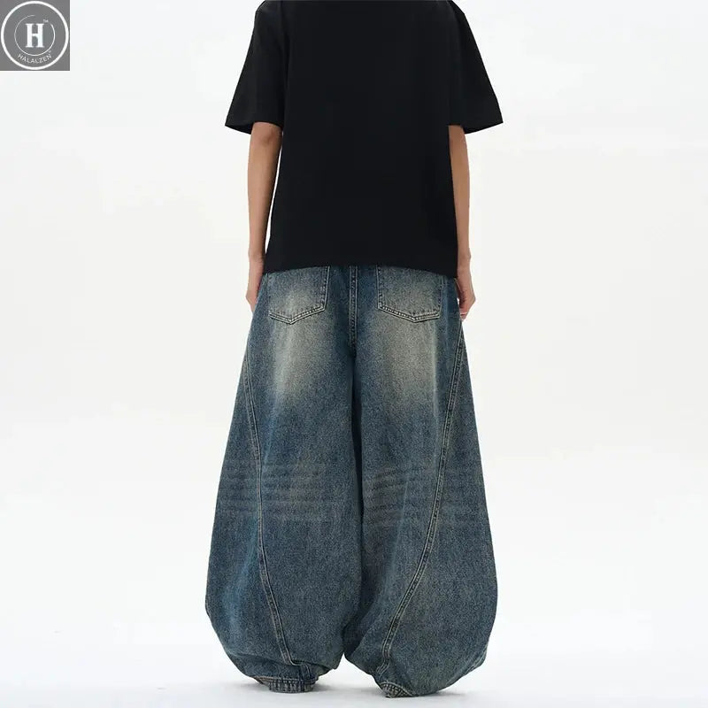 2025 Spring New Men's Jeans Oversized Wide Leg Pants Loose Vintage Patchwork Lightning Cracked Denim Trousers Streetwear Male HALALZEN
