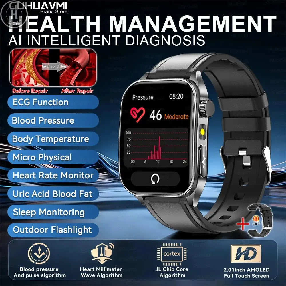 2026 New 650nm Laser Therapy Health Smartwatch Men ECG Blood Pressure Lipid Uric Acid Bluetooth Call Smart Watch For Android IOS HALALZEN