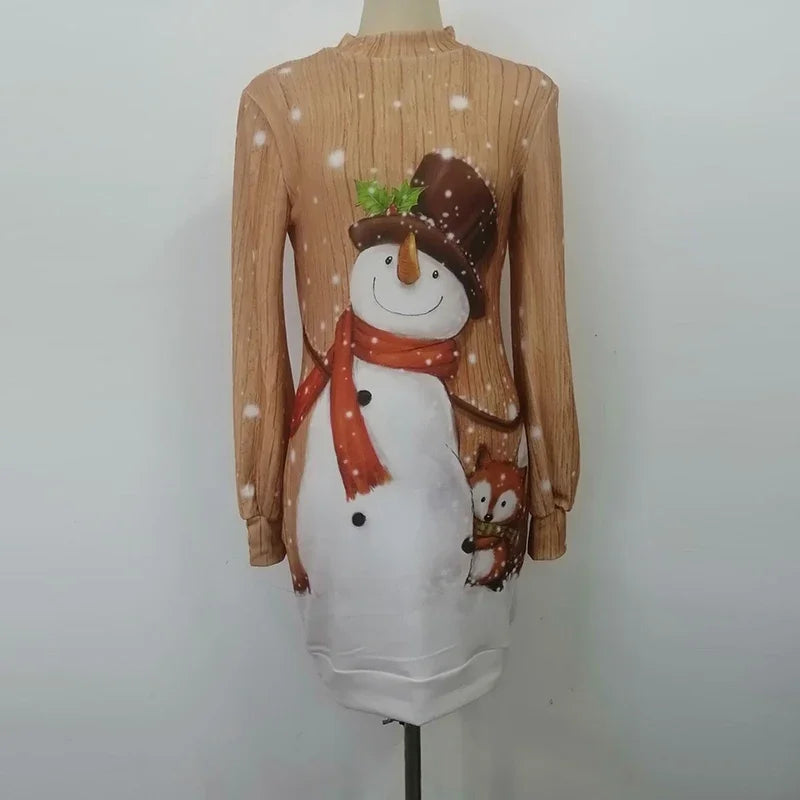 Vintage Christmas Printing Women Party Dress Autumn Fashion Half High Collar Lantern Long Sleeve Dresses Lady Bodycon Vestidos