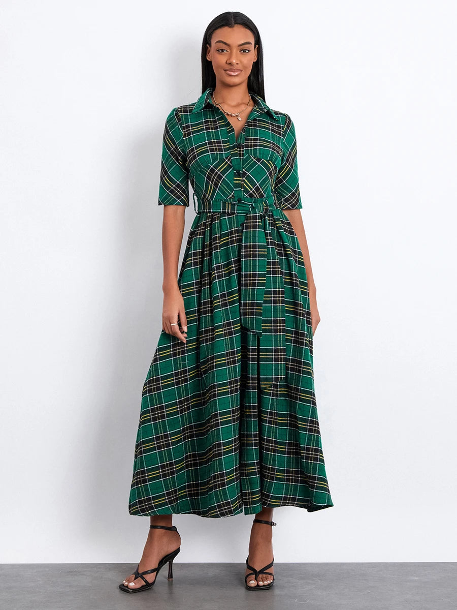 Women Christmas Shirts Dress Plaid Turn-Down Collar Half Sleeve Dress Fashion Button-Down Holiday Dress with Belt