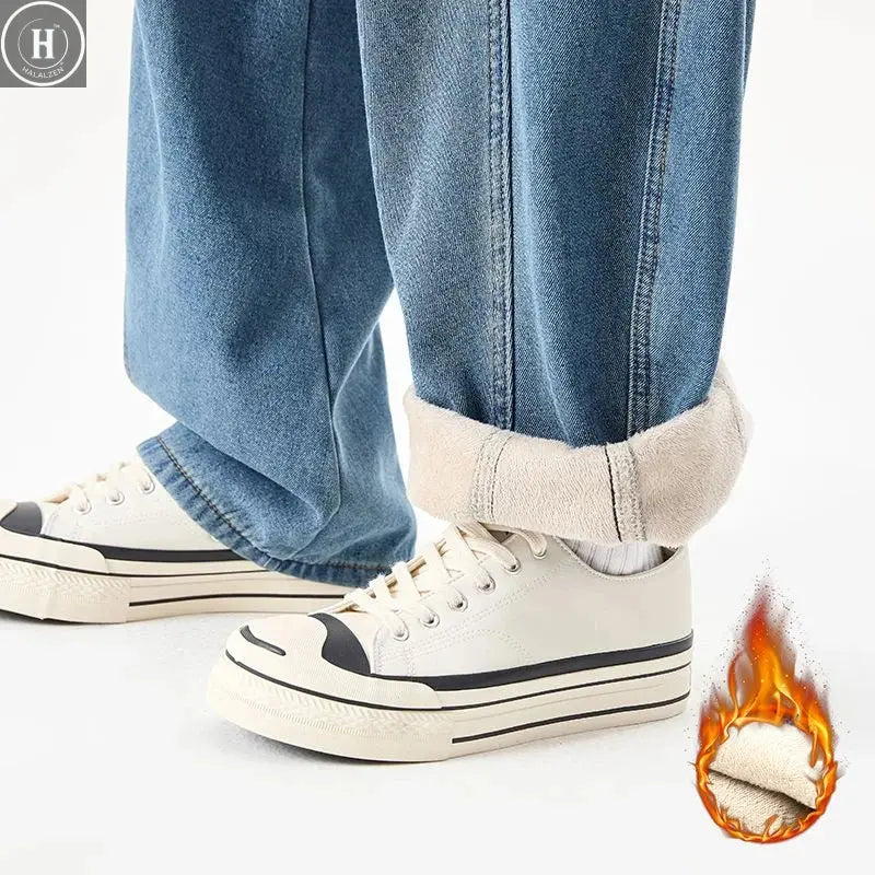 Men's Fleece Thick Curved Knife Jeans American Style Retro Loose Wide Leg Denim Pants Vintage Casual Splicing Design Trousers HALALZEN