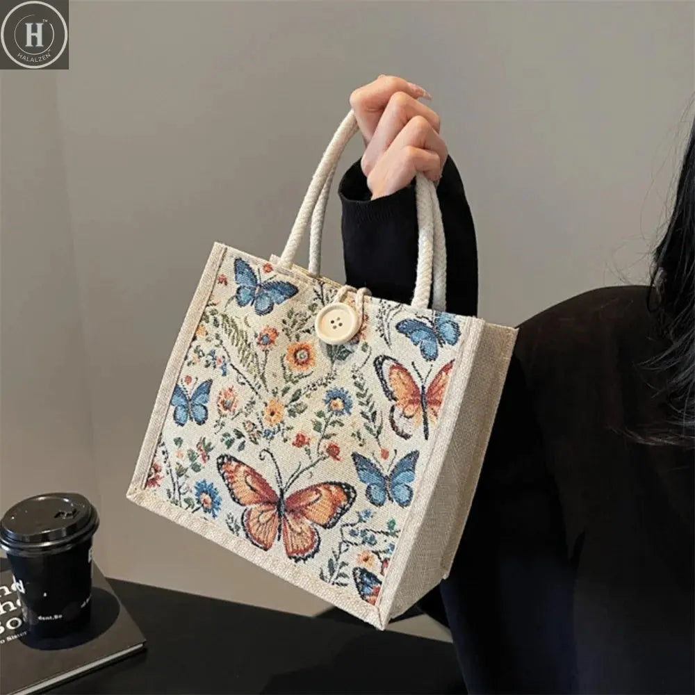Fashion Linen Small Handbag Butterfly Printed Canvas Bag Party Gift Packing Bag Women Small Tote Bags Portable Shopping Bag HALALZEN