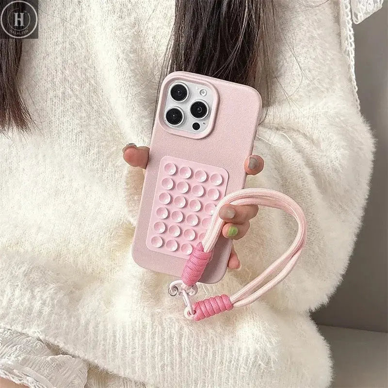 Suction Cup Stand Litchi Pattern Phone Case For iPhone 17 16 15 14 13 12 11 Pro Max X XS XR With Lanyard Rope Soft Bumper Cover Halalzen UK