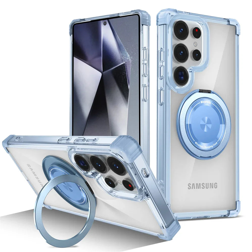 Rotating Magnetic Folding Stand Transparent Phone Case for Samsung S25 S24 S23 Plus FE Note 20 S21 Ultra Armor Shockproof Cover