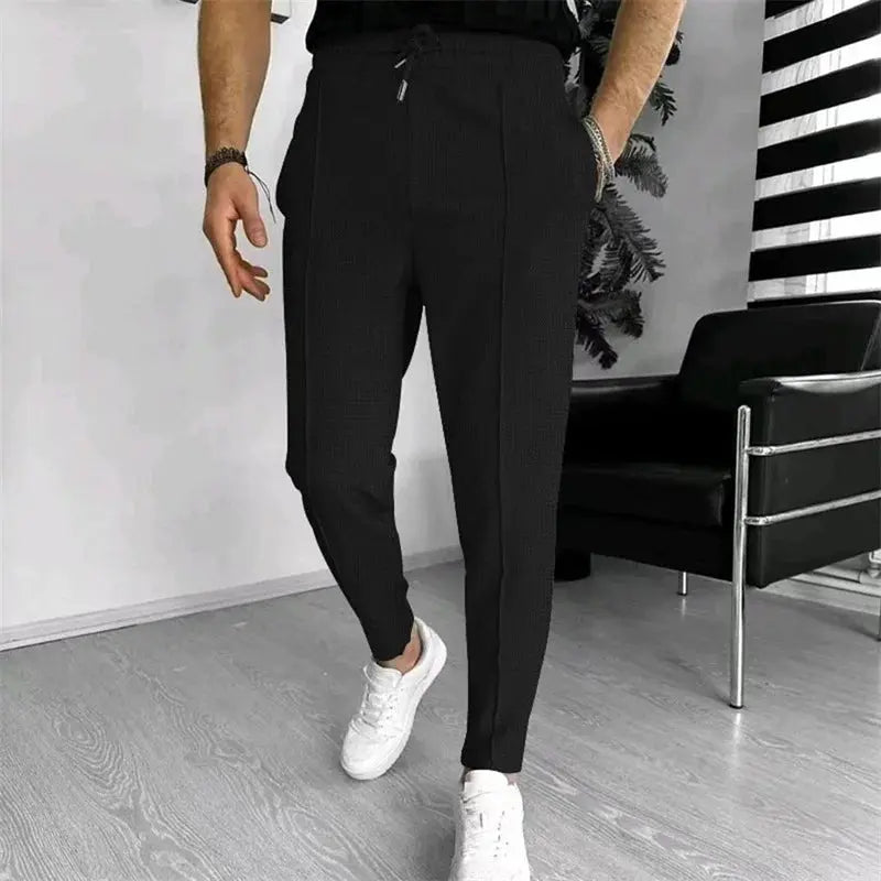 Men s Casual Elastic Waist Drawstring Trousers with Pockets Solid Color Streetwear Pants for Everyday Comfort Halalzen UK
