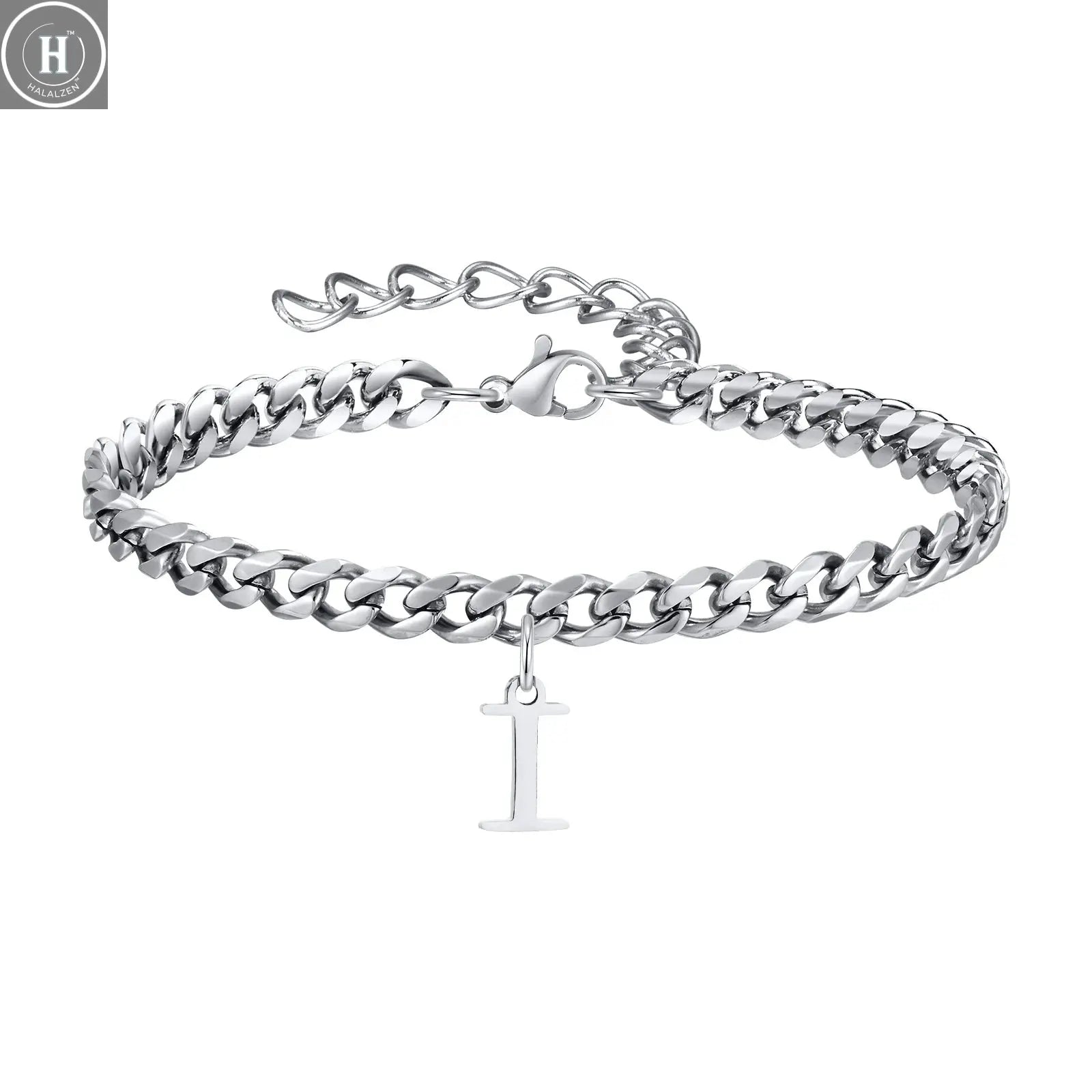 Mens Initials Cuban Links Bracelets,Stainless Steel A-Z 26 Letters Alphabet Charm Chain Wristband Adjustable,Casual Jewelry Gift HALALZEN