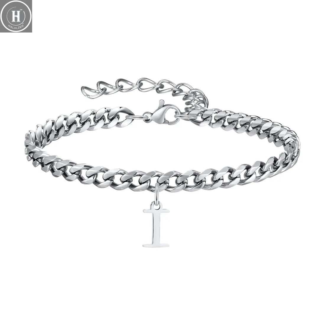 Mens Initials Cuban Links Bracelets,Stainless Steel A-Z 26 Letters Alphabet Charm Chain Wristband Adjustable,Casual Jewelry Gift HALALZEN