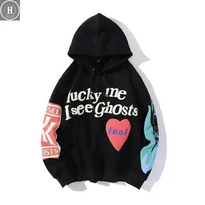 Kanye West Hoodies Jacket Men Graffiti Lucky Me I See Ghosts Sweatshirt Harajuku Fleece Street HipHop Pullover Bone Loose Hoodie HALALZEN