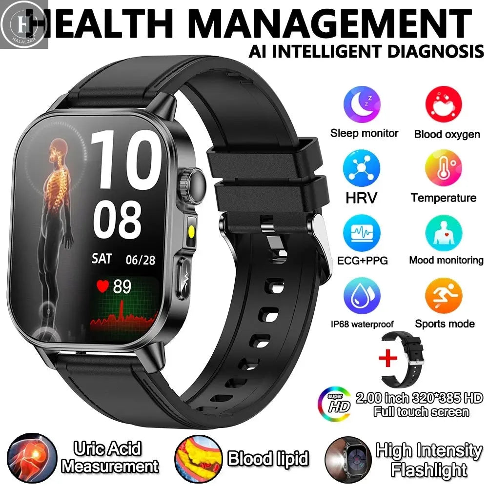 2026 New Model Uric Acid & Lipid Health Analysis Smart Watch Men ECG+PPG Bluetooth Call 2.01-inch Flashlight Smartwatch Women HALALZEN