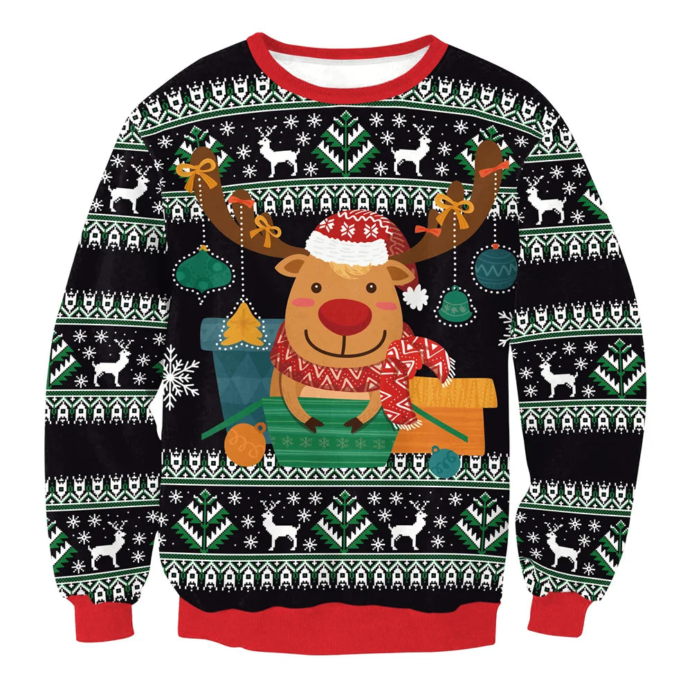 Men Women Crewneck Xmas Sweatshirt 3D Christmas Tree Gift Print Holiday Party Jumper Tops Pullover Alpaca Ugly Christmas Sweater