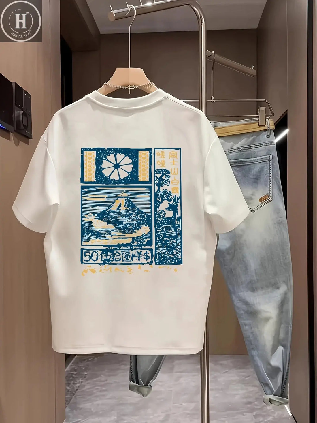 Men'S Cotton Casual Short Sleeve T-Shirt with Japanese Mount Fuji Cherry Blossoms Print Breathable Round Neck Summer Tee HALALZEN