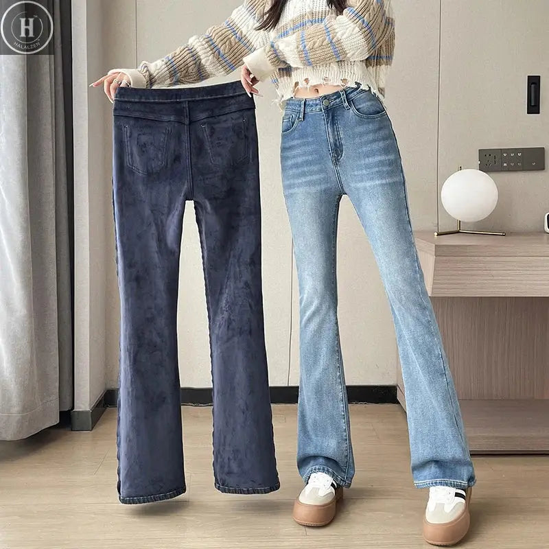 2023 Fashion New Women Warm Plush Flared Jeans Thermal Fleece Loose Denim Pants Female High Waist Urban Straight Flare Trouser Halalzen UK