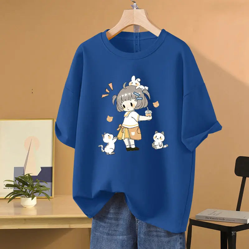 Summer Cartoon Printed T-shirt Loose Pure Cotton Short Sleeve O-neck Pullovers Women's Basic Casual Top Tees