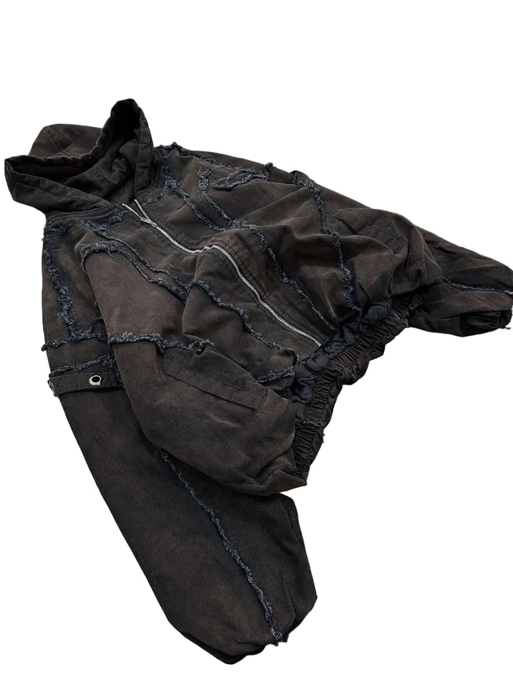 Punk High Street Clothing Destructive Style Sticker Zipper Sweatshirt Women Trendy Embroidered Whiskers Multi-pocket Hoodie Men