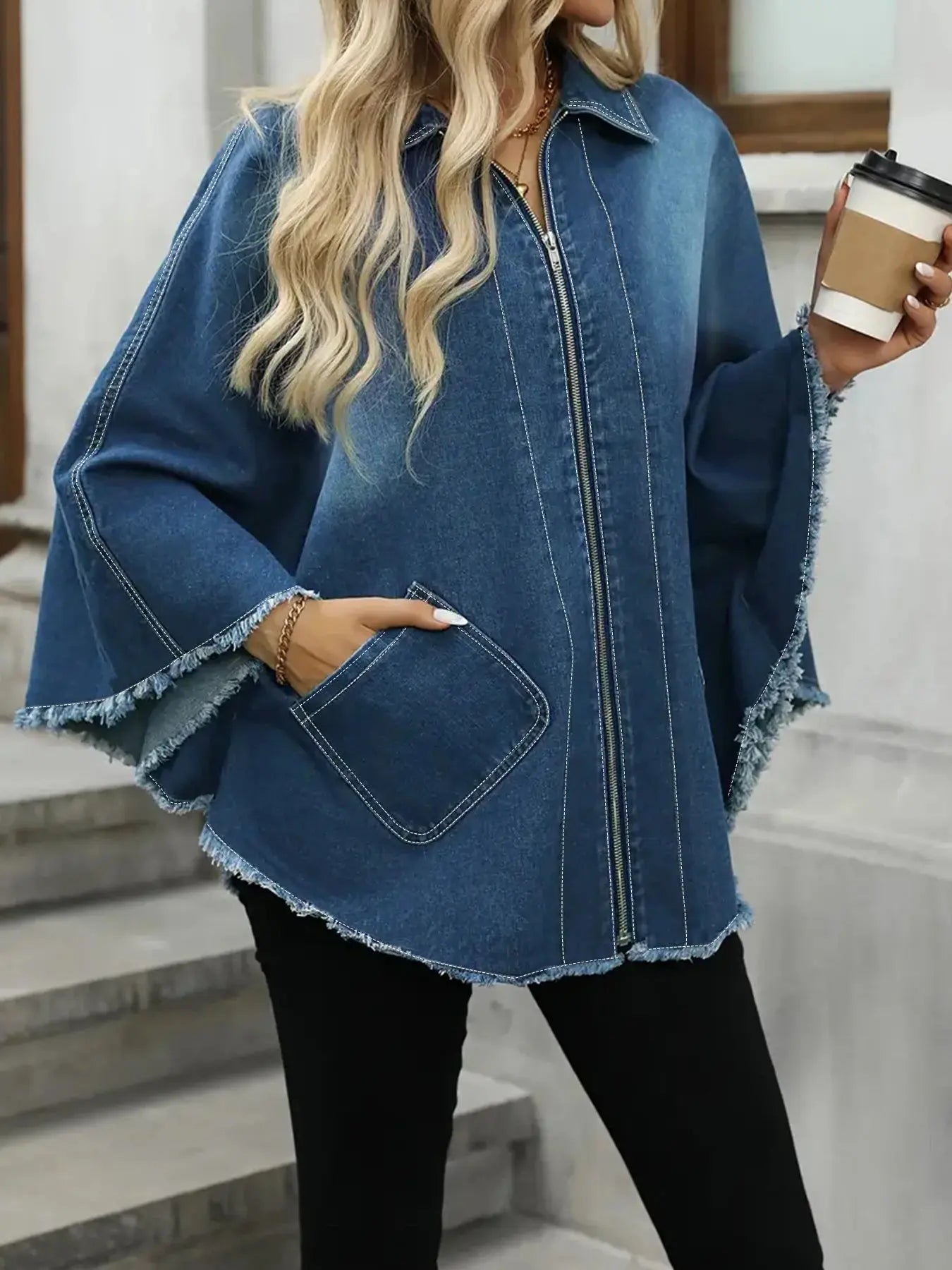 Plus Size Women's Denim Jacket Loose Fit with Frayed Hem And Cloak Design Casual Comfortable plus Size Women's Jeans Jacket Halalzen UK