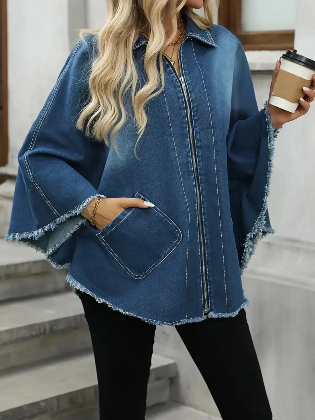 Plus Size Women's Denim Jacket Loose Fit with Frayed Hem And Cloak Design Casual Comfortable plus Size Women's Jeans Jacket Halalzen UK