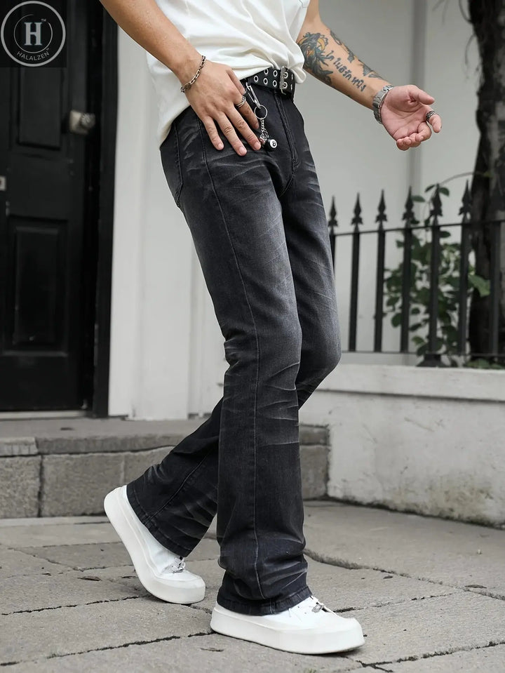 High street Vibe style heavyweight washed black grey slightly flared elastic slim fit jeans for men Halalzen UK