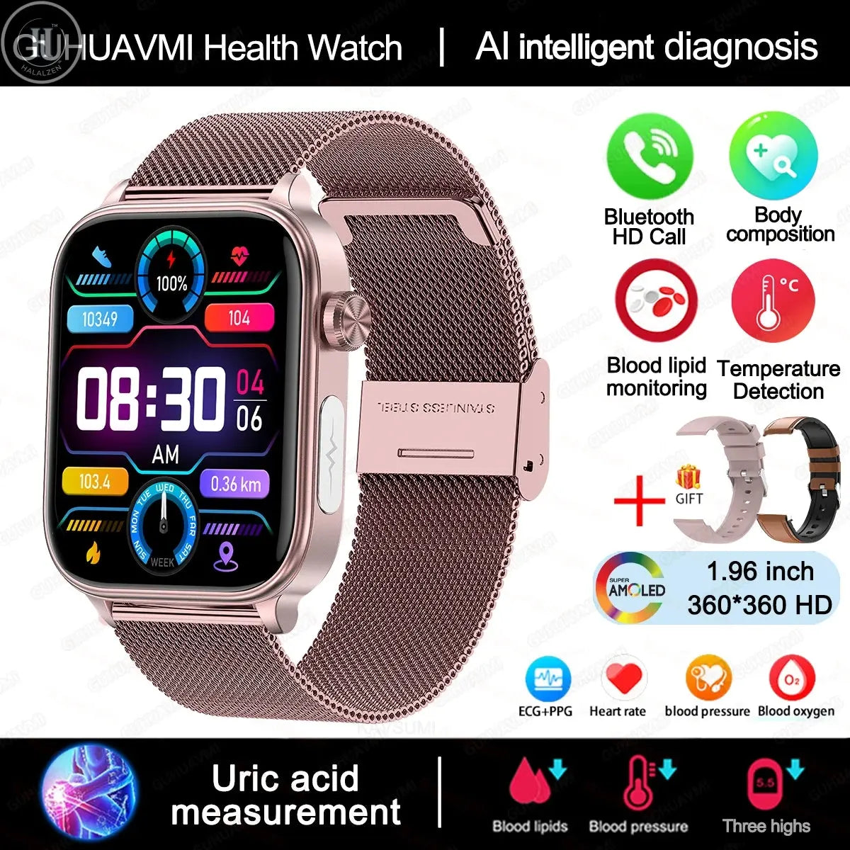 2025 New AI Diagnosis Blood Lipids Uric Acid Body composition Test Smart Watch For Men ECG+PPG Bluetooth Call Health Smartwatch HALALZEN