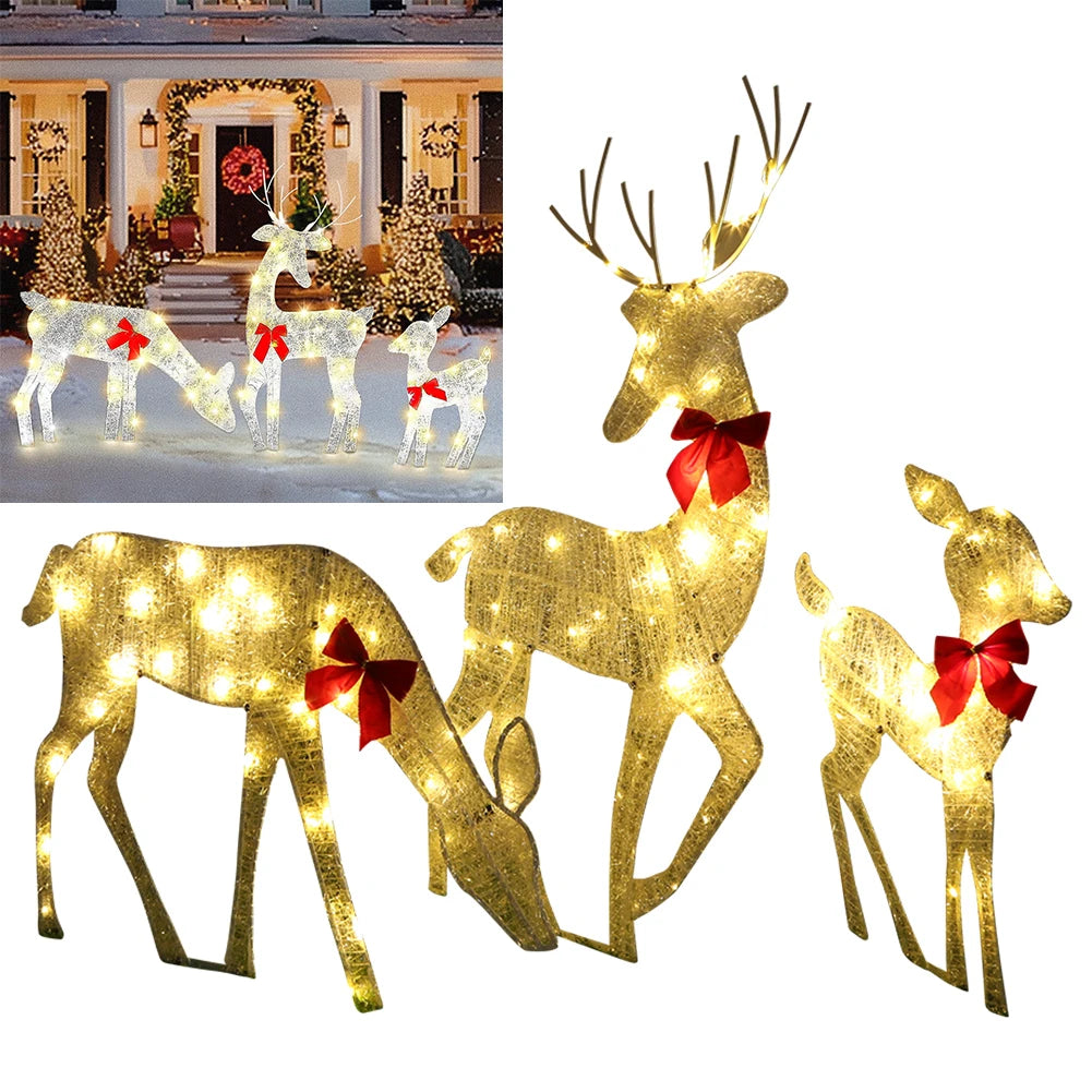 3Pcs LED Light Bucks Iron Art with 5Pcs LED String Light 2D Deer Christmas Decor Light Up Bucks Metal for Yard Patio Lawn Decor