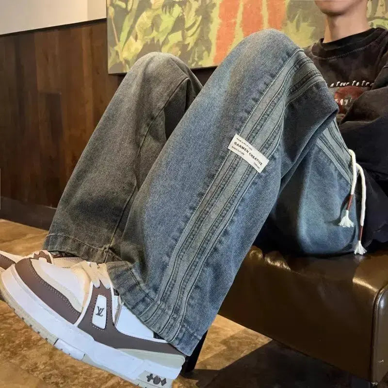 Three bar American retro jeans men's spring and autumn new style high street elastic waist loose casual men's straight leg long HALALZEN