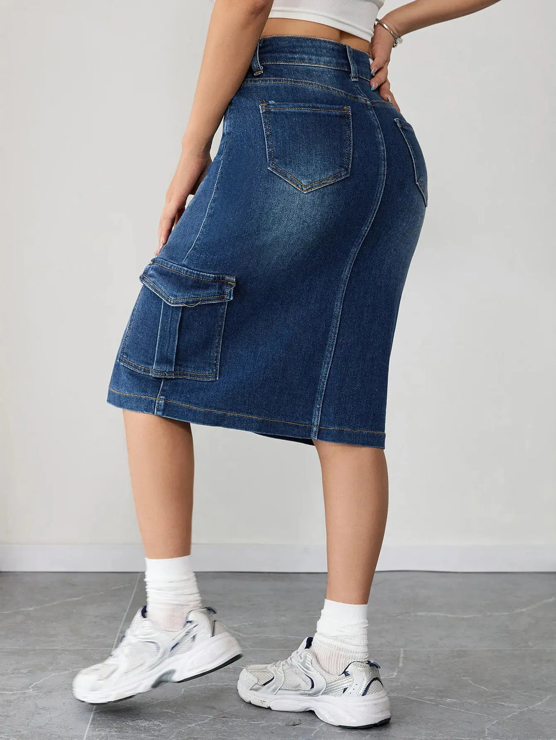 Trendy Plus Size Women's Denim Midi Skirt High Waist Cargo Jeans Pants Stylish Streetwear Halalzen UK
