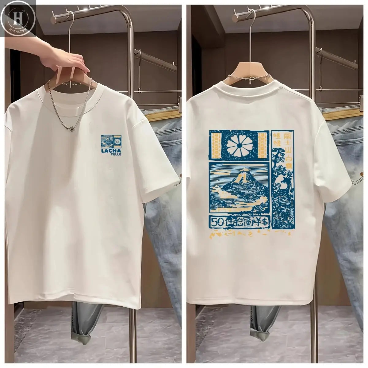 Men'S Cotton Casual Short Sleeve T-Shirt with Japanese Mount Fuji Cherry Blossoms Print Breathable Round Neck Summer Tee HALALZEN