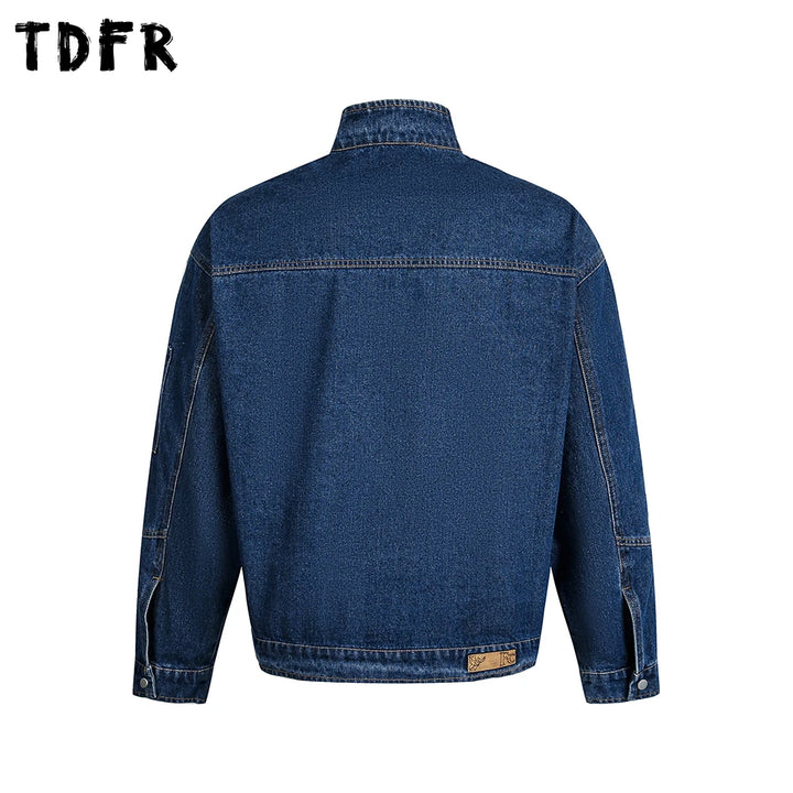 Zipper Decoration Denim Jacket Mens Spliced Retro Washed Distressed Stand Collar Long Sleeve Loose Jeans Jacket Man