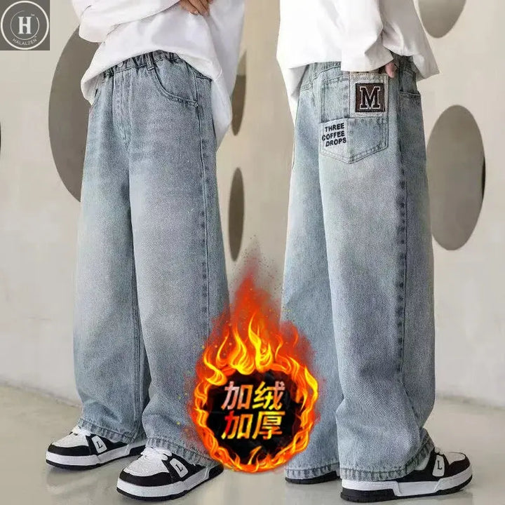 Boys Winter Warm Jeans New Style Teenage Children Trendy Brand Loose Straight Leg Fleece Denim Pants Kids Loose Trousers HALALZEN