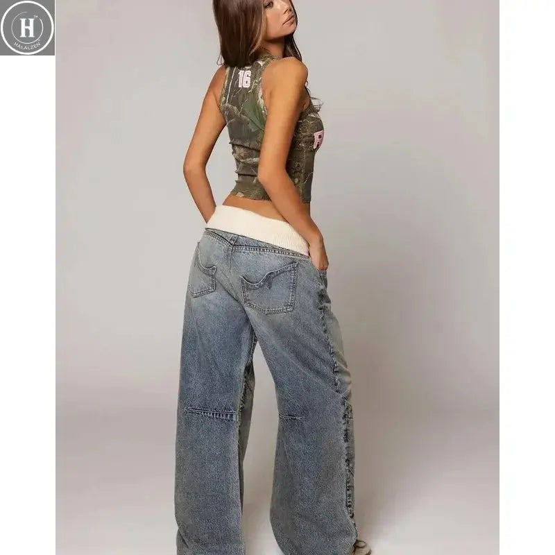 Y2K Hip-hop Stitching Fashion Joker Retro Jeans Female Korean Casual Simple Dress Essential Wide-leg Pants Loose  Joker Overalls Halalzen UK