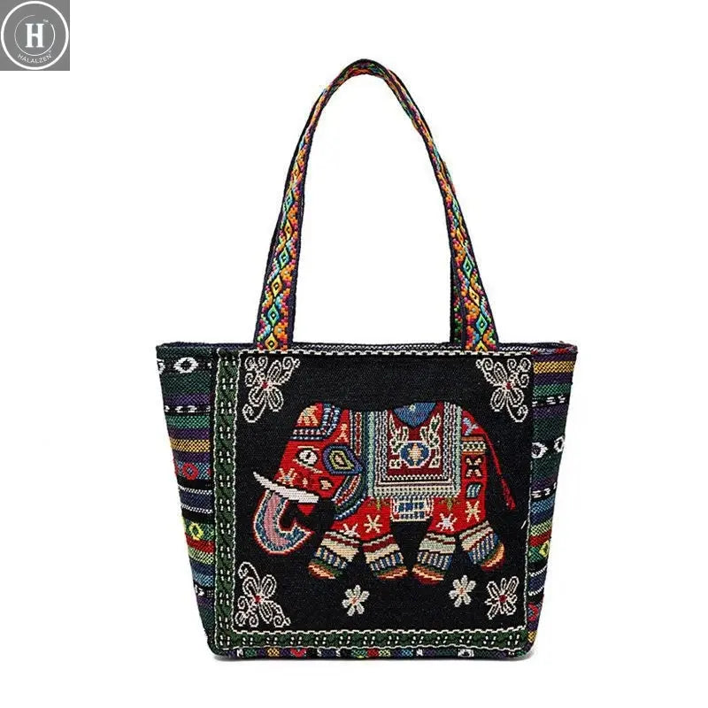 National Style Canvas Shopping Bags Thailand Bangkok Elephant Fashion Printing Tote Shoulder Bag Beautifully Sandy Handbags HALALZEN