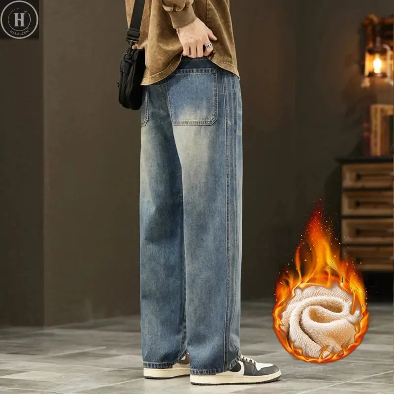 Winter Fleece Thick Cotton Jeans Men Warm Korean Velvet Loose Wide Pants Elastic Waist High Quality Outdoors Plush Trousers HALALZEN