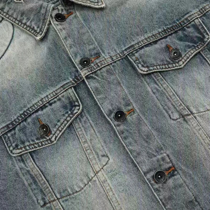 Men's Streetwear Kanye West Denim Jacket New Rapper Hip Hop Style Jean Clothing 2025 Fashion Trend Retro Do Old Ripped Coats