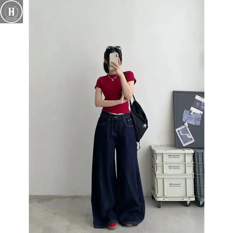 Blue Womens Jeans High Waist Vintage Straight Summer Y2K Classic Denim Pants Streetwear American Wide Leg Baggy Denim Trouser Halalzen UK
