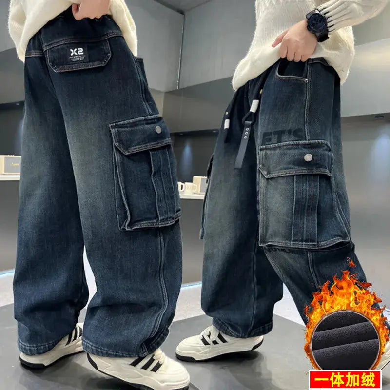 School Boy Winter Insulated Cargo Jeans Children's Warm Fleece Lined Stretch Straight Trousers For Kids Thermal Denim Pants 4-14 HALALZEN