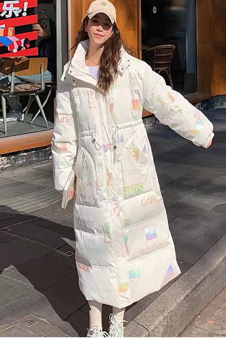 New Glossy Print Down cotton Jacket for women Winter 2024 Loose Thick Women Hooded Parka Coat Windproof Rainproof Long Overcoat