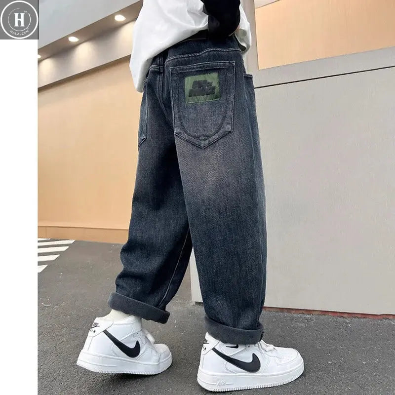 Kids Autumn Winter Fleece-lined Warm Denim Pants 5-14 Years Boys Fashion Letters Straight Loose Jeans Casual Sports Trousers HALALZEN