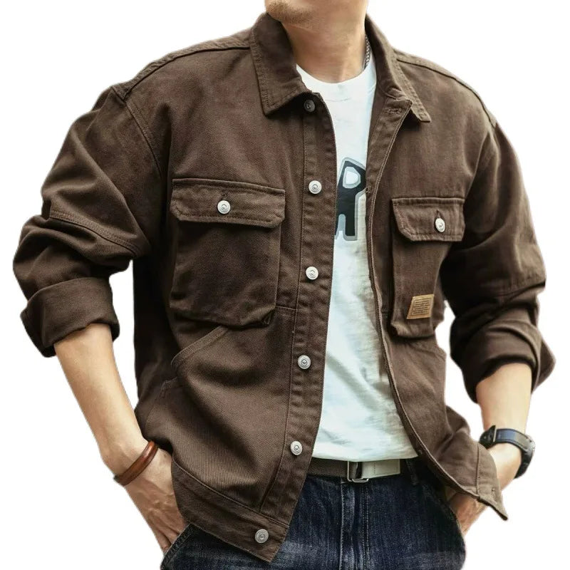 Heavy Washed Denim Cargo Jackets For Man, Plus Size Men's Jeans Jackets, American Retro Lapel Workwear Coat Men