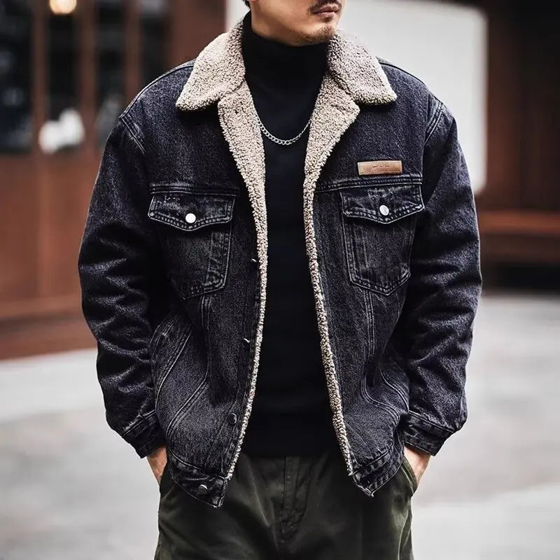 Men's Winter Thiened Lamb Velvet Cotton Jaet Casual Warm Workwear Denim Sle Coat with Inner Fce Collar Stand up Coat