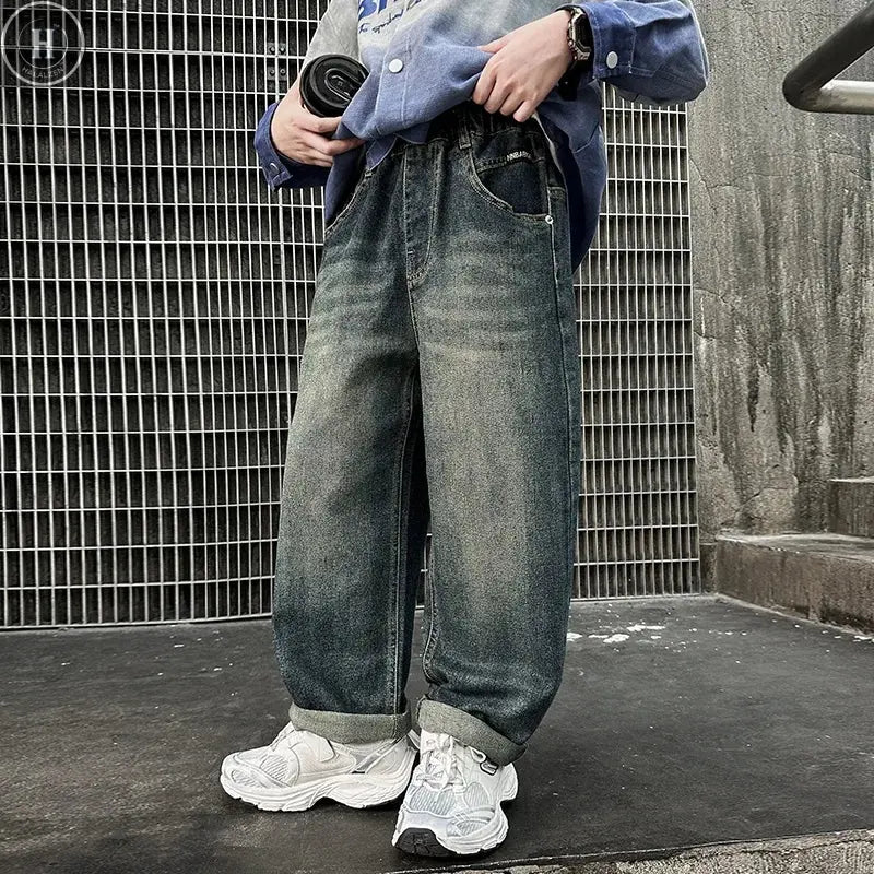 Big Boy Winter Insulated Cartoon Jeans For Kids Teenager Fleece Lined Denim Pants Children Wide Leg Thermal Jeans Trousers 5-14Y HALALZEN