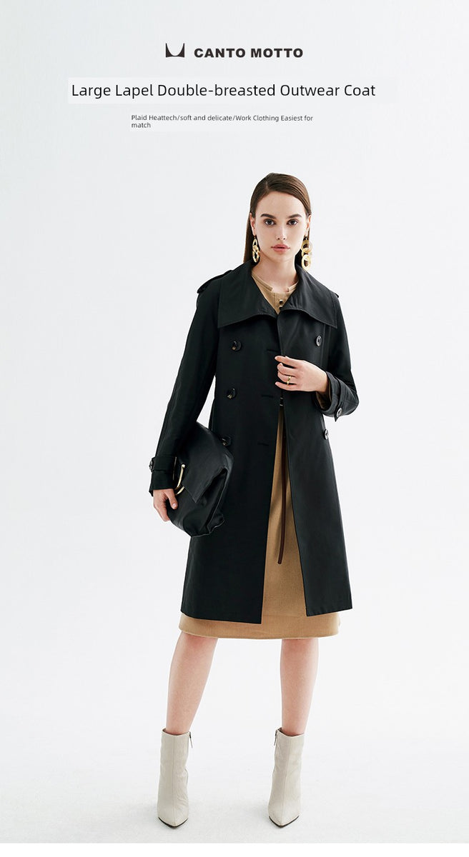 Canto Motto Fog Channel Autumn Same Style with Mall Lapel Double Breasted Shoelace Waist-Tight Mid Length Long Length Trench Coat