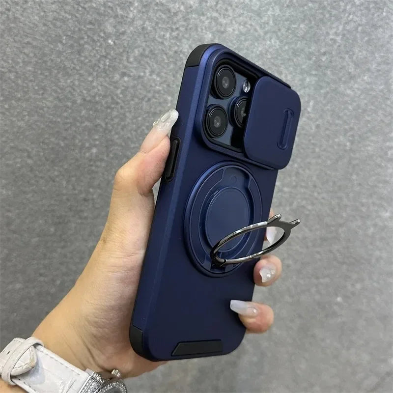 Luxury Heavy-Duty Rugged Armor Magnetic Bracket Case For iPhone 16 15 14 13 12 11 Pro Max Plus Slide Camera Protection PC Cover