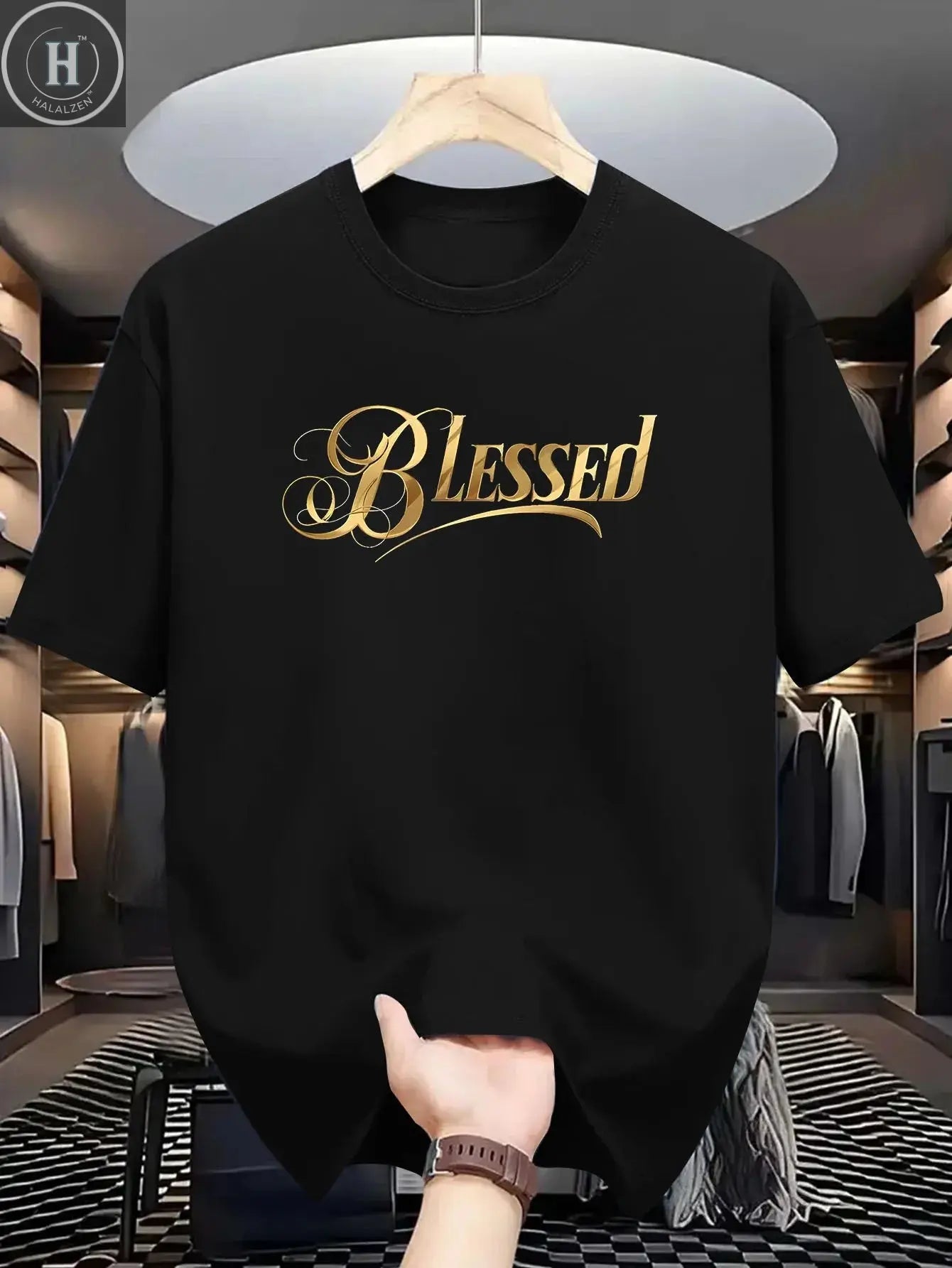 Men's summer 100% cotton fashionable casual loose classic Blessed pattern printed sports round neck short sleeved T-shirt top HALALZEN