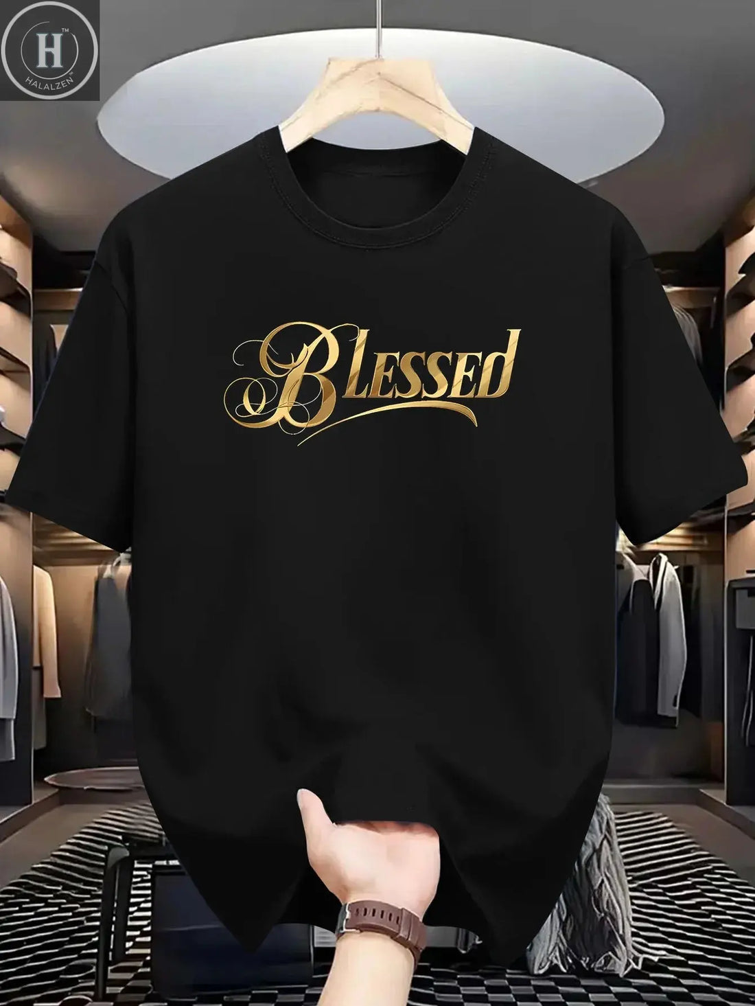 Men's summer 100% cotton fashionable casual loose classic Blessed pattern printed sports round neck short sleeved T-shirt top HALALZEN