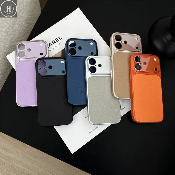 Luxury Large Window Leather Phone Case For iPhone 17 16 15 14 13 Pro Max Lens Protection Matte Shockproof Plating Back Cover Halalzen UK